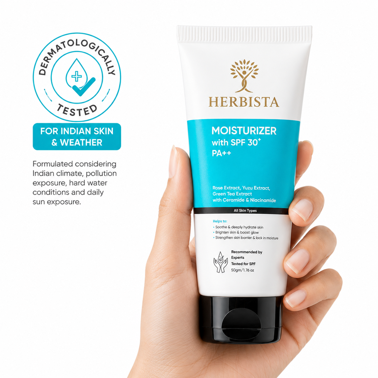 HERBISTA Moisturizer with SPF 30+ PA++ | Botanical Barrier Care with Ceramide & Niacinamide, Enriched with Rose, Yuzu & Green Tea | Face & Body, Non-Comedogenic, Unscented