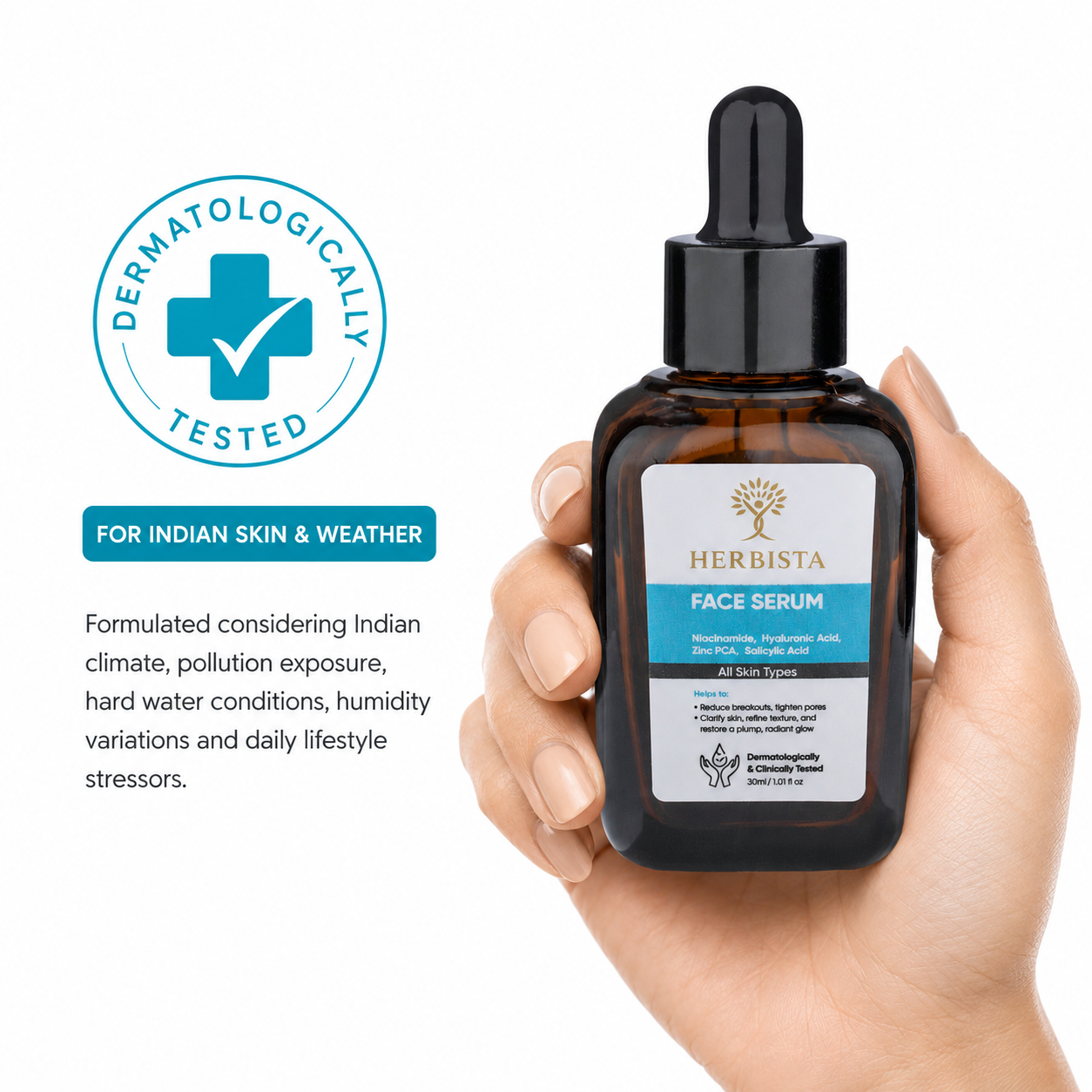 HERBISTA Salicylic Acid & Niacinamide Acne Control Face Serum, 30 ml With Hyaluronic Acid & Aloe Vera | Targets Acne, Oil & Blemishes | Lightweight, Non-Comedogenic Formula | Suitable for All Skin Types | Men & Women