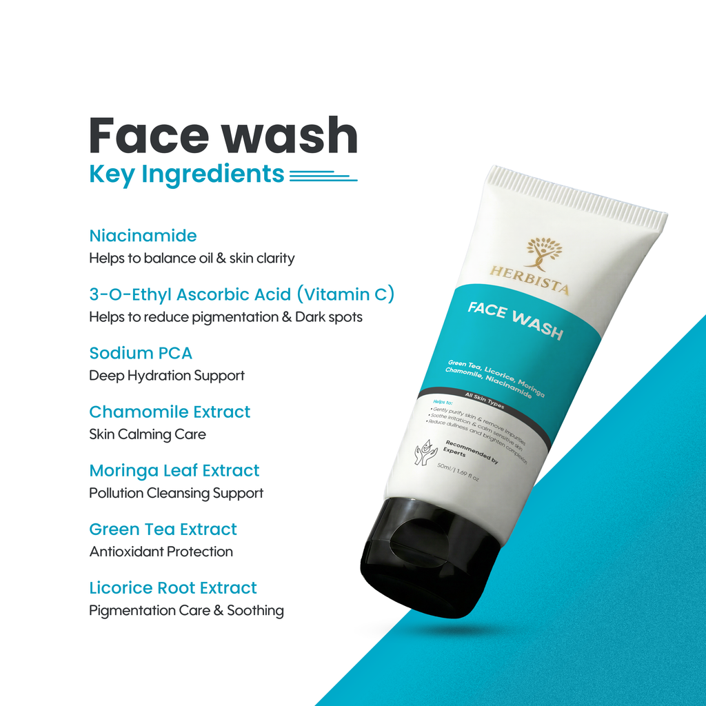 HERBISTA Gentle Hydrating Face Wash | Sulphate-Free Cleanser with Niacinamide & Vitamin C, Botanical Extracts | All Skin Types | 50 ml