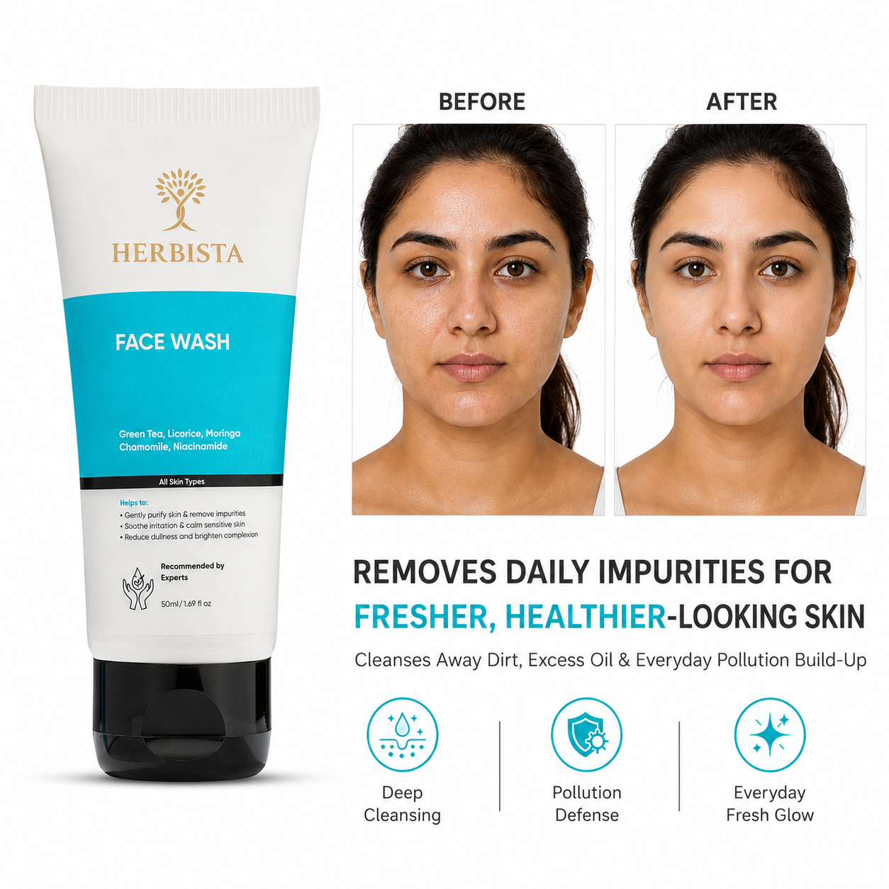 HERBISTA Gentle Hydrating Face Wash | Sulphate-Free Cleanser with Niacinamide & Vitamin C, Botanical Extracts | All Skin Types | 50 ml
