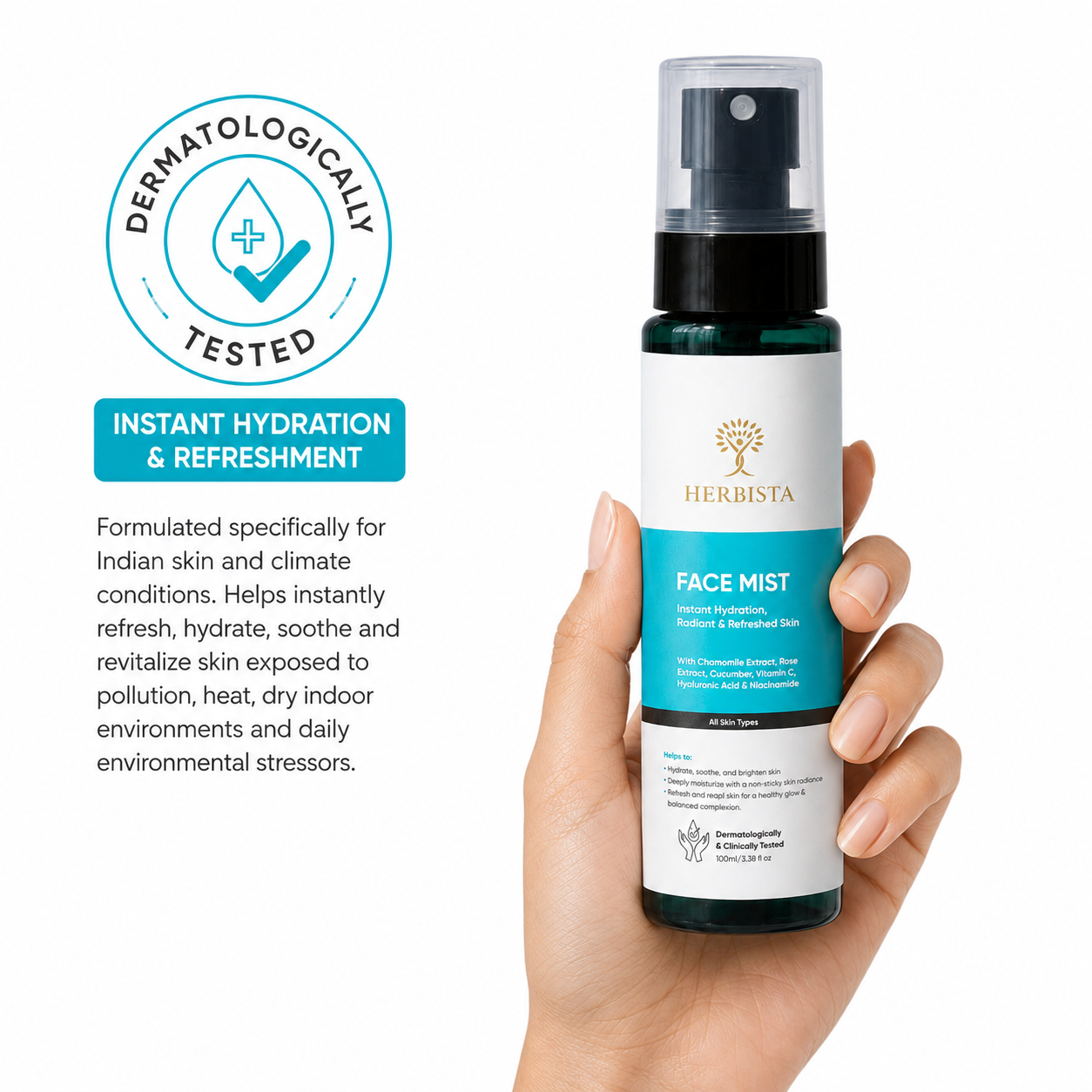 HERBISTA Hydrating & Radiance Face Mist & Toner | With Chamomile Extract, Rose Extract, Cucumber, Vitamin C, Hyaluronic Acid & Niacinamide | Instant Hydration, Radiant & Refreshed Skin | Alcohol-Free Face Mist & Toner | Women & Men | 100 ml