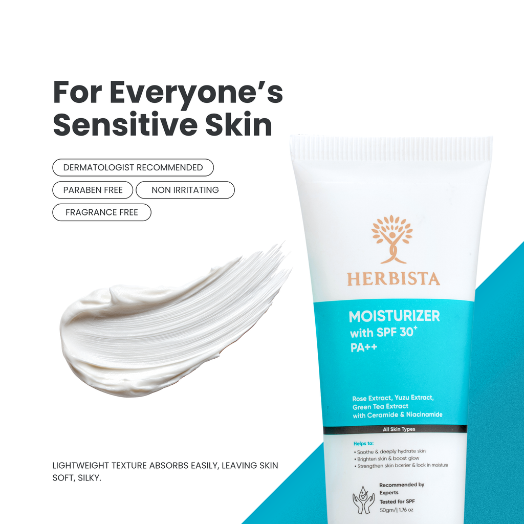 HERBISTA Moisturizer with SPF 30+ PA++ | Botanical Barrier Care with Ceramide & Niacinamide, Enriched with Rose, Yuzu & Green Tea | Face & Body, Non-Comedogenic, Unscented