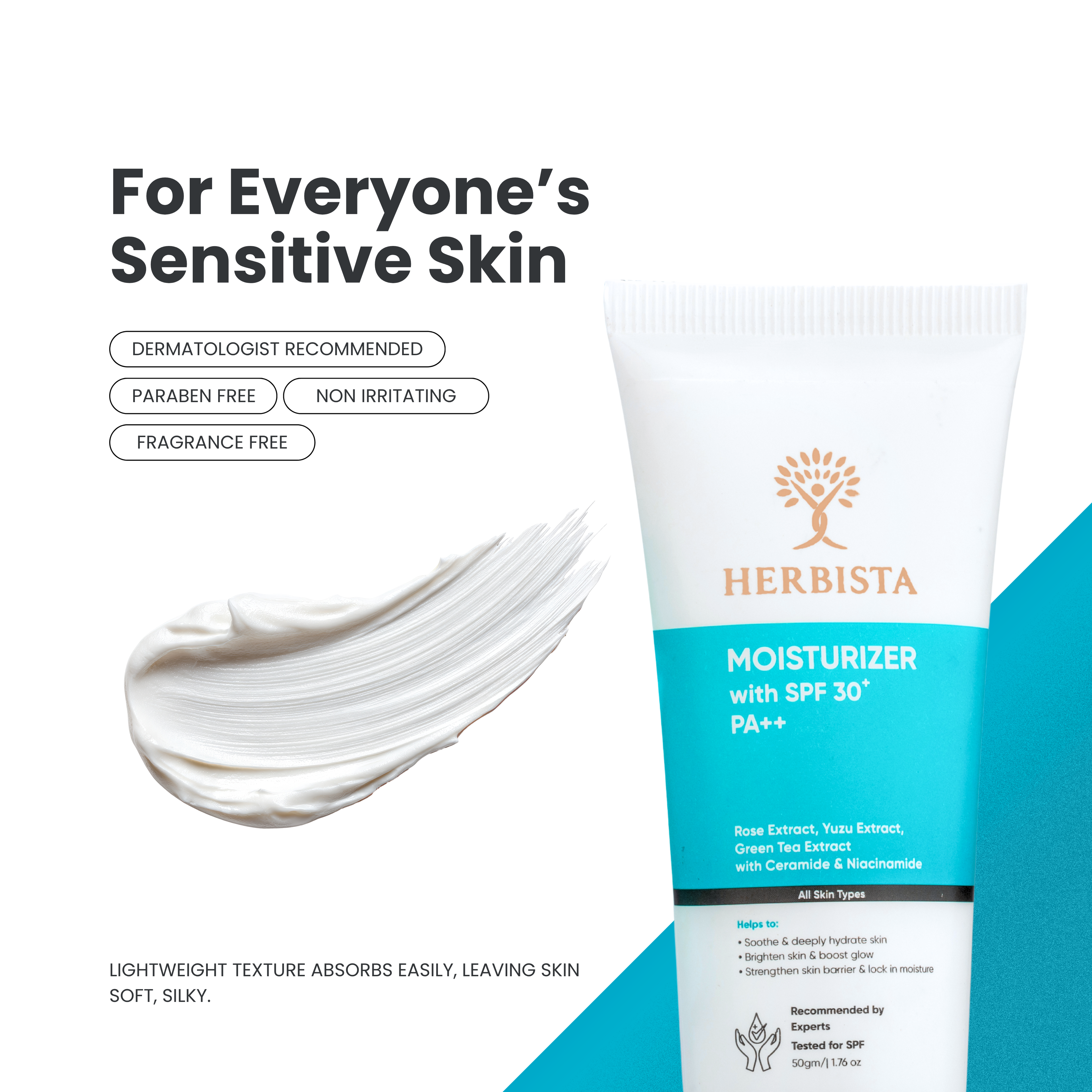 HERBISTA Moisturizer with SPF 30+ PA++ | Botanical Barrier Care with Ceramide & Niacinamide, Enriched with Rose, Yuzu & Green Tea | Face & Body, Non-Comedogenic, Unscented