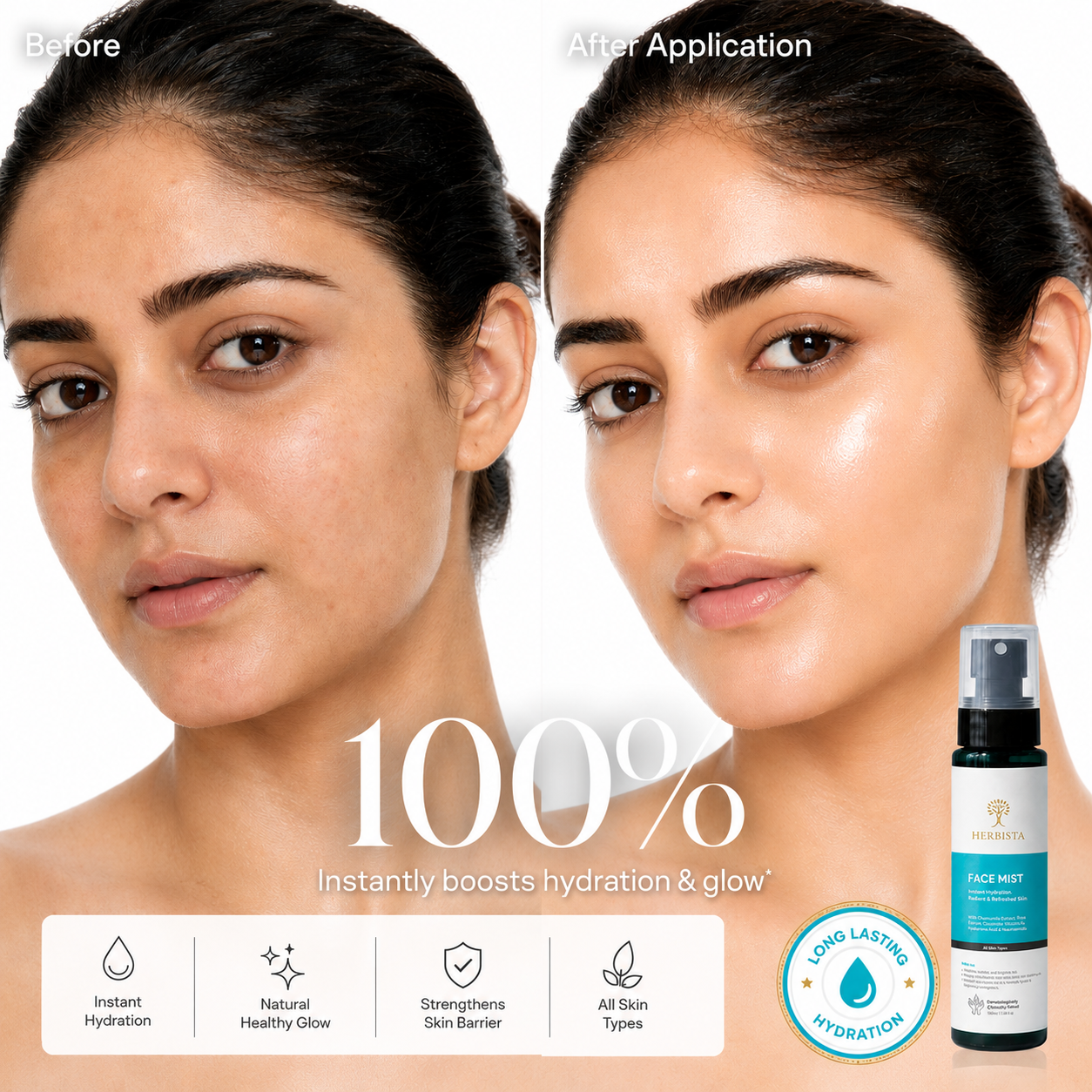 HERBISTA Hydrating & Radiance Face Mist & Toner | With Chamomile Extract, Rose Extract, Cucumber, Vitamin C, Hyaluronic Acid & Niacinamide | Instant Hydration, Radiant & Refreshed Skin | Alcohol-Free Face Mist & Toner | Women & Men | 100 ml