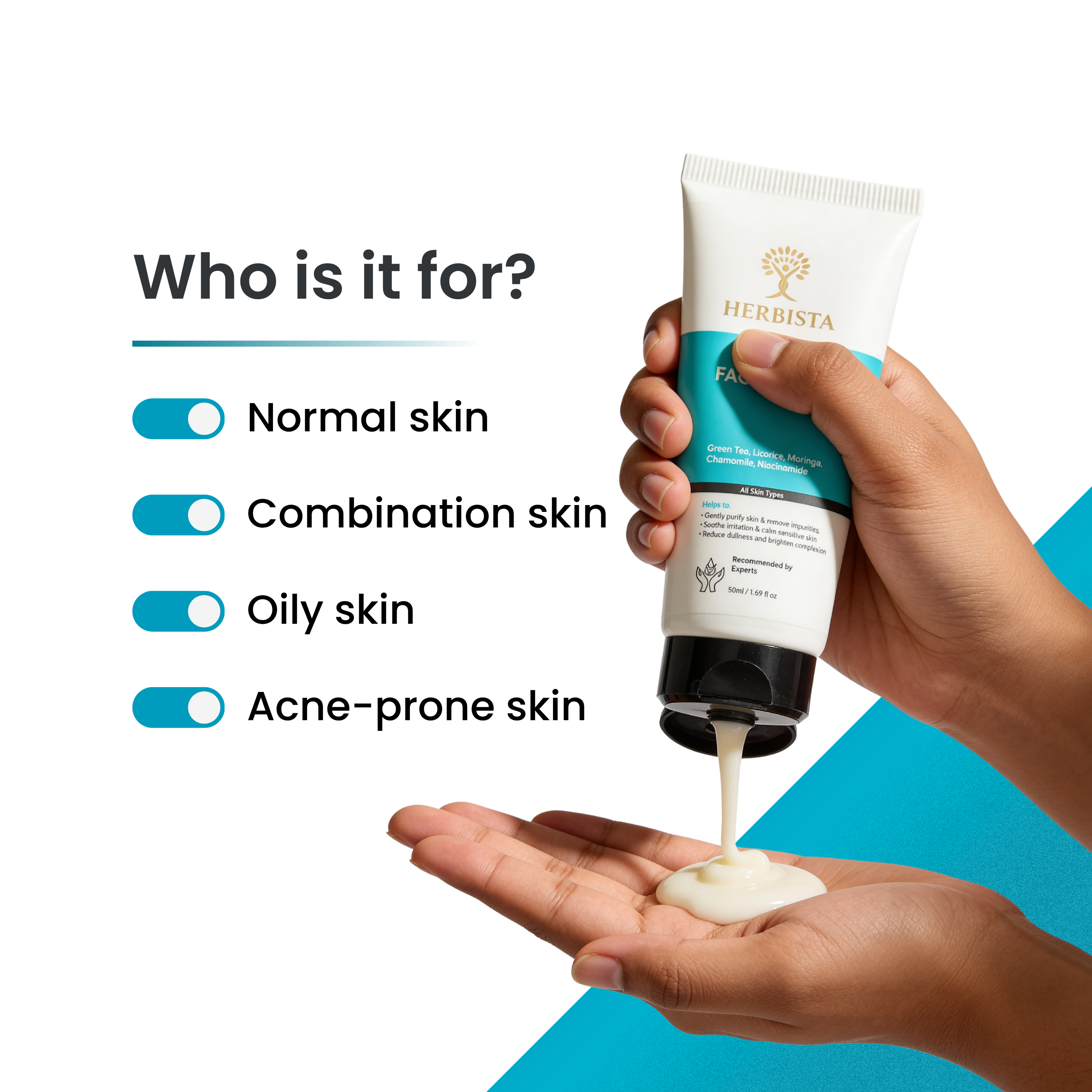 HERBISTA Gentle Hydrating Face Wash | Sulphate-Free Cleanser with Niacinamide & Vitamin C, Botanical Extracts | All Skin Types | 50 ml